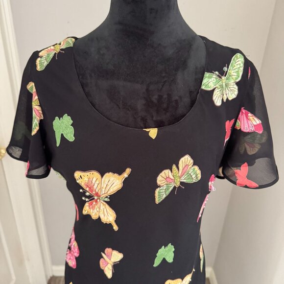 Vtg Chadwicks Butterfly Dress L All Over Print Flutter Sleeves Beaded Fairy Goth - Picture 5 of 8